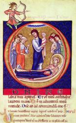 Historiated initial depicting the death of the Virgin, from an unknown manuscript, 12th-13th century (vellum) | Obraz na stenu