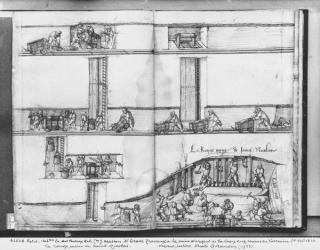 Silver mine of La Croix-aux-Mines, Lorraine, fol.13v and fol 14r, the red mine of St. Nicholas, c.1530 (pen & ink & w/c on paper) (b/w photo) | Obraz na stenu