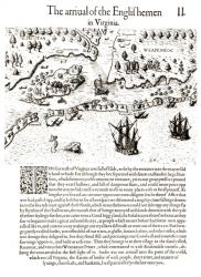 The Arrival of the Englishmen in Virginia, plate from 'A Brief and True Report of the New Found Land of Virginia' by Thomas Harriot (1560-1621) engraved by Theodore de Bry, pub. 1590 (engraving) (b&w photo) | Obraz na stenu