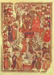 Ms. Supp. Pers. 1113 f.126v Genghis Khan and his wife Bortei enthroned before courtiers, folio from a book called Jami' al Tawarikh ("Universal History") by Rashid ad-Din (1247-1318) (vellum) | Obraz na stenu