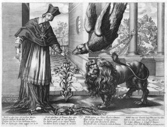 Allegory in praise of Cardinal Richelieu (1585-1642) fighting against Austria (the eagle) Spain (the lion) and the enemies within France (the caterpillars) 1628 (engraving) (b/w photo) | Obraz na stenu