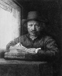 Self portrait while drawing, 1648 (etching) (b/w photo) | Obraz na stenu