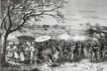 A Congolese tribe accompany explorer Pietro Paolo Savorgnan di Brazza and his expedition to their village, from 'Africa Pintoresca', published 1888 (engraving) | Obraz na stenu