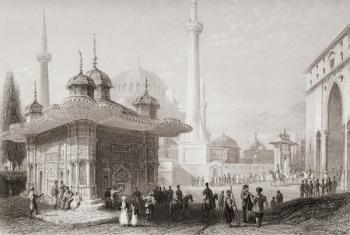 Fountain and square of St. Sophia, Istambul, Turkey. Engraved by T. Higham after W. H. Bartlett. | Obraz na stenu