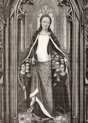 St. Ursula holding an arrow, the symbol of her martyrdom, and protecting virgins beneath her cloak, from 'Les Arts au Moyen Age', published 1873 (litho) | Obraz na stenu
