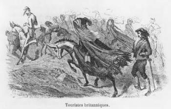 British tourists, illustration from 'Voyage aux Pyrenees' by Hippolyte Taine (1828-93) engraved by Emile Deschamps (19th century) (engraving) (b/w photo) | Obraz na stenu