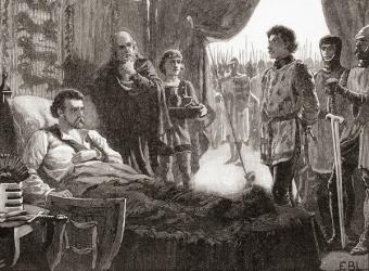 Bertrand de Gourdon aka Pierre (or Peter) Basile, John Sabroz and Dudo, brought before Richard I to receive his punishment after shooting him with an arrow, Richard later died from the wound. Richard I, aka Richard the Lionheart and Richard Coeur de Lion, | Obraz na stenu
