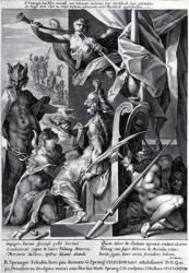 Mercury and Minerva arm a hero with a bull's hide and a laurel wreath, 1604 (engraving) | Obraz na stenu