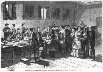 Sorting out the banknotes at the Paris Bank of France, engraved by F. Mollet (19th century) 1897 (b/w photo) | Obraz na stenu