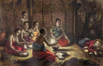 Mungo Park resting in a Native's Hut in Sego, Bambarra, 1875 (coloured woodcut) | Obraz na stenu