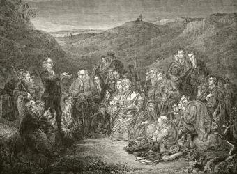 An open air meeting of Scottish Covenanters, from 'The National and Domestic History of England' by William Hickman Smith Aubrey (1858-1916) published London, c.1890 (litho) | Obraz na stenu