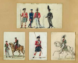 The uniforms of Scottish soldiers and Prussian, English, Hanoverian and Russian officers in 1814 (gouache on paper) | Obraz na stenu