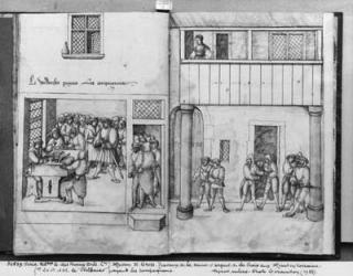 Silver mine of La Croix-aux-Mines, Lorraine, fol.24v and fol.25r, paying the companions, c.1530 (pen & ink & w/c on paper) (b/w photo) | Obraz na stenu