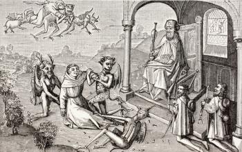 The magician Armogenes orders devils to bring him the apostle St. James, from 'Military and Religious Life in the Middle Ages' by Paul Lacroix, published London c.1880 (litho) | Obraz na stenu
