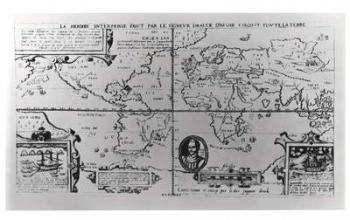 World Map detailing the Expeditions and Global Circumnavigation of Sir Francis Drake (c.1540-96) 1577-2580 (engraving) (b&w photo) | Obraz na stenu