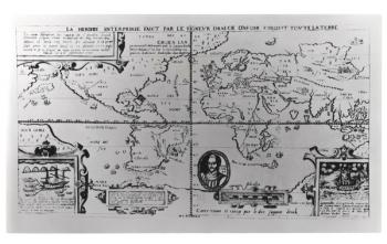 World Map detailing the Expeditions and Global Circumnavigation of Sir Francis Drake (c.1540-96) 1577-2580 (engraving) (b&w photo) | Obraz na stenu