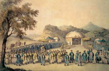 The Approach of the Emperor of China to his tent in Tartary to receive the British Ambassador, George, 1st Earl Macartney (1737-1806), 1793 (engraving) | Obraz na stenu