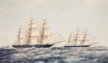 The tea clippers Taeping (left) and Ariel (right) in The Great Tea Race of 1866, from China to London (colour litho) | Obraz na stenu