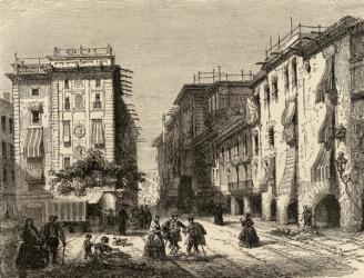 Street in Barcelona, illustration from 'Spanish Pictures' by the Rev. Samuel Manning (engraving) | Obraz na stenu