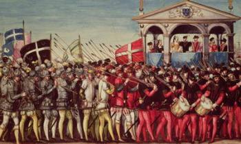 The Cortege of Drummers and Soldiers at the Royal Entry Festival of Henri II (1519-59) into Rouen, 1st October 1550 (vellum) | Obraz na stenu