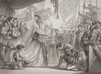 Queen Elizabeth I (1530-1603) knighting Francis Drake (1540-96) from 'Illustrations of English and Scottish History' Volume I (engraving) | Obraz na stenu