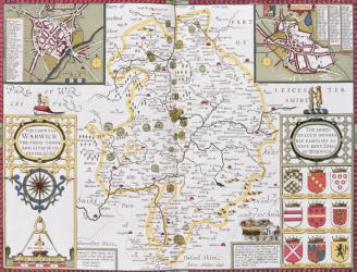 The County of Warwick, the Shire Town and the City of Coventry, engraved by Jodocus Hondius (1563-1612) from John Speed's 'Theatre of the Empire of Great Britain', pub. by John Sudbury and George Humble, 1611-12 (hand coloured copper engraving) | Obraz na stenu