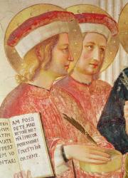 Madonna of the Shadow or Virgin and Child between Saint Dominic, Cosmas, Damien, Mark, John the Evangelist, Thomas of Aquinas, Laurence and Pierre the martyr (from left to right) (detail of Saint Cosmas and Damien) (fresco) | Obraz na stenu