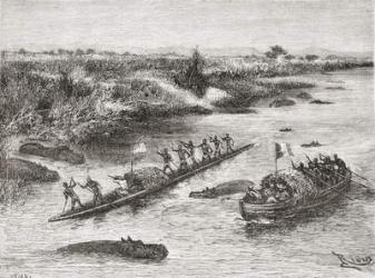 French and British explorers hunting hippopotamus on the Congo River in the 19th century, from 'Africa Pintoresca', published 1888 (engraving) | Obraz na stenu