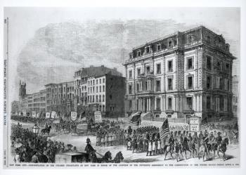 New York City: Demonstration of the Colored Inhabitants of New York in Honor of the Adoption of the Fifteenth Amendment to the Constitution of the United States, April 8th 1870, from 'Frank Leslie's Illustrated Newspaper', April 10th 1870 (engraving) (b&w | Obraz na stenu