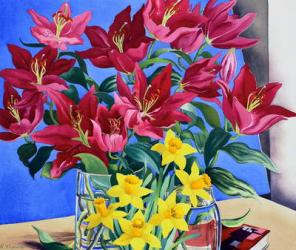 Magenta Lilies and Daffodils (watercolour on paper) | Obraz na stenu