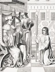 Jacques Coeur (c.1395-1456) paying homage to Charles VII (1403-66), copy of a 15th century miniature in the 'Chroniques of Monstrelet', from 'Le Moyen Age et La Renaissance' by Paul Lacroix (1806-84) published 1847 (litho) | Obraz na stenu