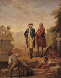 King Frederick II of Prussia (1712-86) and the Marquis of Argens (1704-1771) inspecting the construction of Sanssouci in Potsdam (oil on canvas) | Obraz na stenu