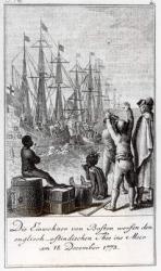 The Inhabitants of Boston Throw English-East Indian Tea in the Sea, 18 December 1773 (engraving) (b&w photo) | Obraz na stenu