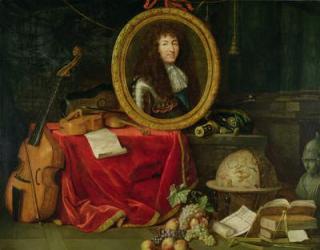 Still life with portrait of King Louis XIV (1638-1715) surrounded by musical instruments, flowers and fruit, 1672 (oil on canvas) | Obraz na stenu