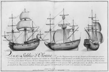Vessels, Sables d'Olonne, illustration from 'Desseins des differentes manieres de vaisseaux...depuis Nantes jusqu'a Bayonne', 1679 (pencil & w/c on paper) (b/w photo) | Obraz na stenu