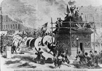 The Vendome column just after its fall, Federes and fake sailors putting the red flag in the pedestal, 16th May 1871 (engraving) (b/w photo) | Obraz na stenu