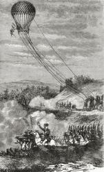 Employment of the hot air balloon l'Entreprenant as a reconnaissance post, from 'Wonderful Balloon Ascents or the Conquest of the Skies', by Fulgence Marion, published in c.1870 (litho) | Obraz na stenu