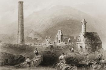 The Ruins at Glendalough, County Wicklow, Ireland, from 'Scenery and Antiquities of Ireland' by George Virtue, 1860s (engraving) | Obraz na stenu