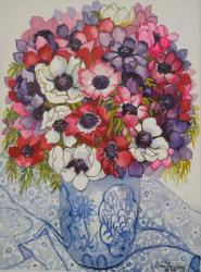 Anemones in a Blue and White Pot, with Blue and White Textile, 2000,(watercolour) | Obraz na stenu