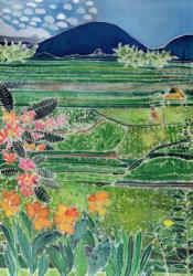 Lovina Ricefields with Lilies and Frangipani, Bali, 1996 (coloured inks on silk) | Obraz na stenu