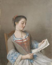 'La liseuse" Marianne Lavergne, a cousin of the artist, in Lyons countryside clothing, 1746 (pastel on parchment) | Obraz na stenu