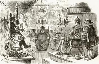 Chained to the Stake, illustration after J. Leech for the poem 'The Auto da Fe', a legend of Spain, from 'The Ingoldsby Legends or Mirth and Marvels', by Thomas Ingoldsby, published in 1865 (litho) | Obraz na stenu
