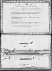 A galley getting ready to launch, twenty-second demonstration, plate 23, illustration from 'Demonstrations de toutes les pieces de bois, cloux et ferremens qui entrent dans la construction d'une galere...' (pencil & w/c on paper) (b/w photo) | Obraz na stenu