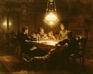 Family supper in the lamp light, 19th century | Obraz na stenu