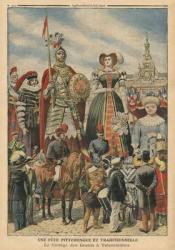 A picturesque and traditional feast, the procession of the Giants at Valenciennes, illustration from 'Le Petit Journal', supplement illustre, 10th July 1910 (colout litho) | Obraz na stenu