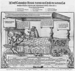 John Calvin on his death bed (woodcut) (b/w photo) | Obraz na stenu