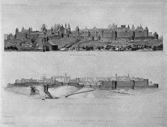 View of Carcassonne from the west side, State of the fortifications and the city in 1853, illustration from 'Monuments Historiques', published by Laurens et Schmidt editeurs (engraving) (b/w photo) | Obraz na stenu