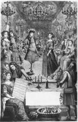 French Ball, Royal Almanac, with a score sheet of the 'Menuet de Strasbourg' by Marc Antoine Charpentier (1634-1704) 1682 (engraving) (b/w photo) | Obraz na stenu