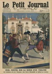 Fatal duel on a stage of a Spanish theatre after the third act of the opera 'Carmen', front cover illustration from 'Le Petit Journal', supplement illustre, 6th April 1913 (colour litho) | Obraz na stenu