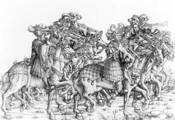 A group of mounted trumpeters, from 'Maximilian's Triumphal Procession', c.1516-18 (woodcut) (b/w photo) | Obraz na stenu